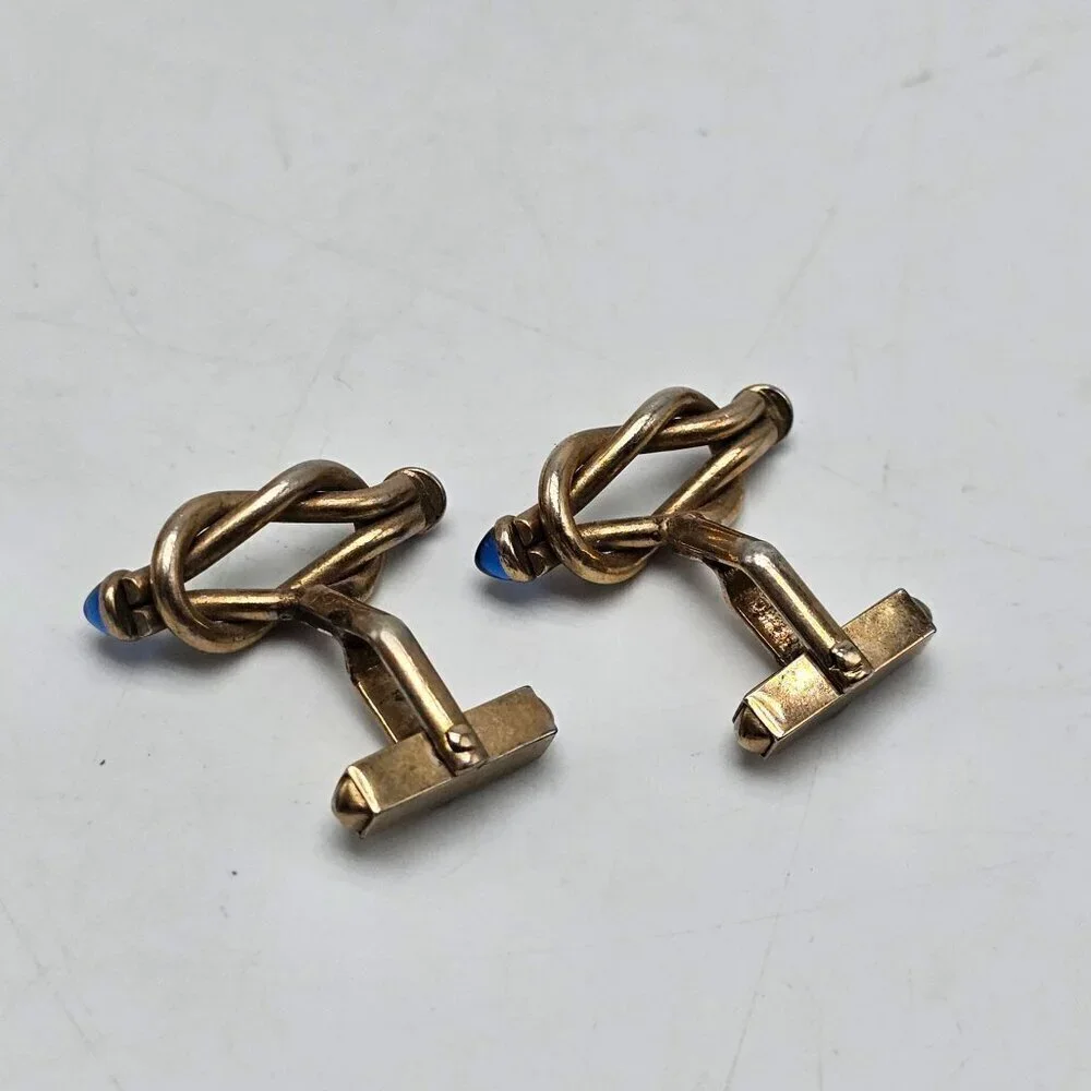 Vintage Swank Gold Tone Cufflinks With Blue Glass Cabochons